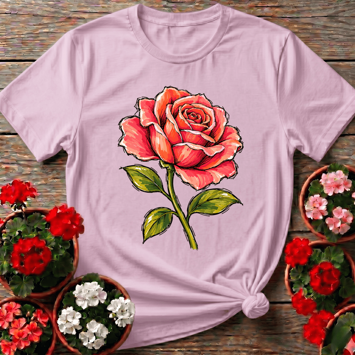 Light Pink marker style rose illustration gardening shirt with coral blooms for flower growers and gift giving