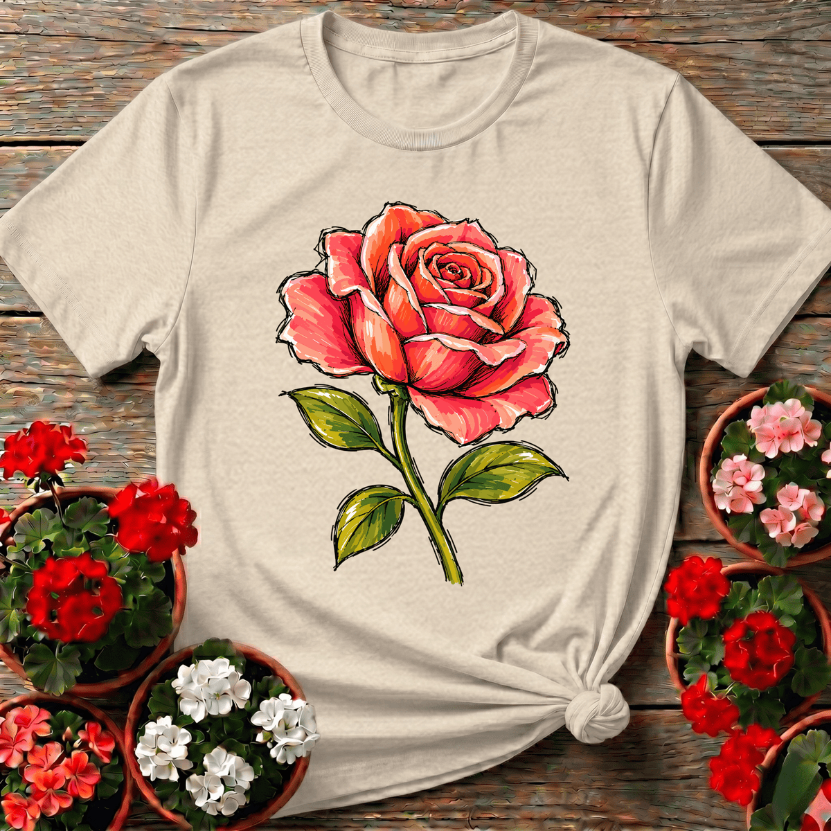 Natural vintage garden journal style coral rose tee for cottagecore and slow-gardening enthusiasts