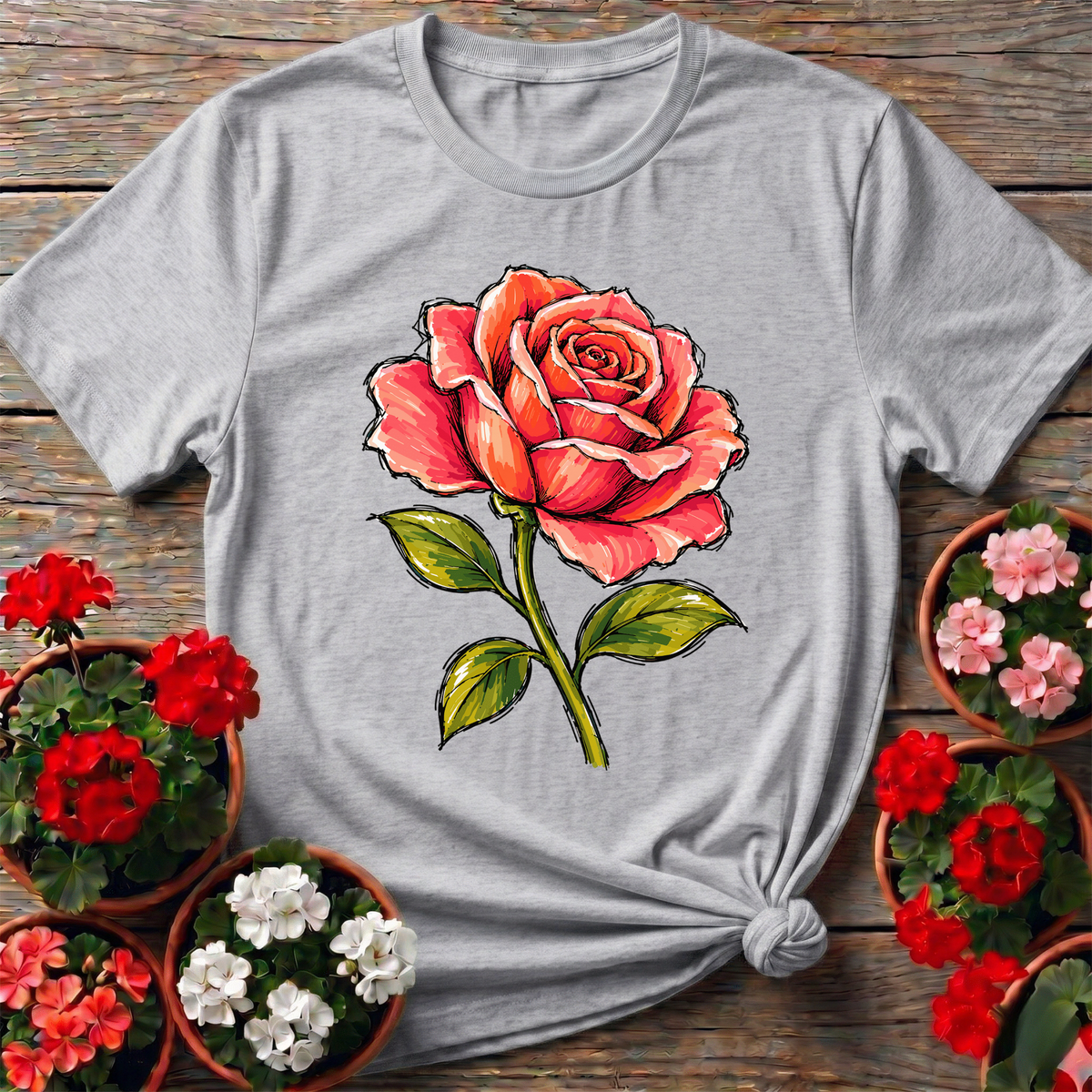 Coral Garden Rose Marker Style Gardening Tee - GardeningTshirts