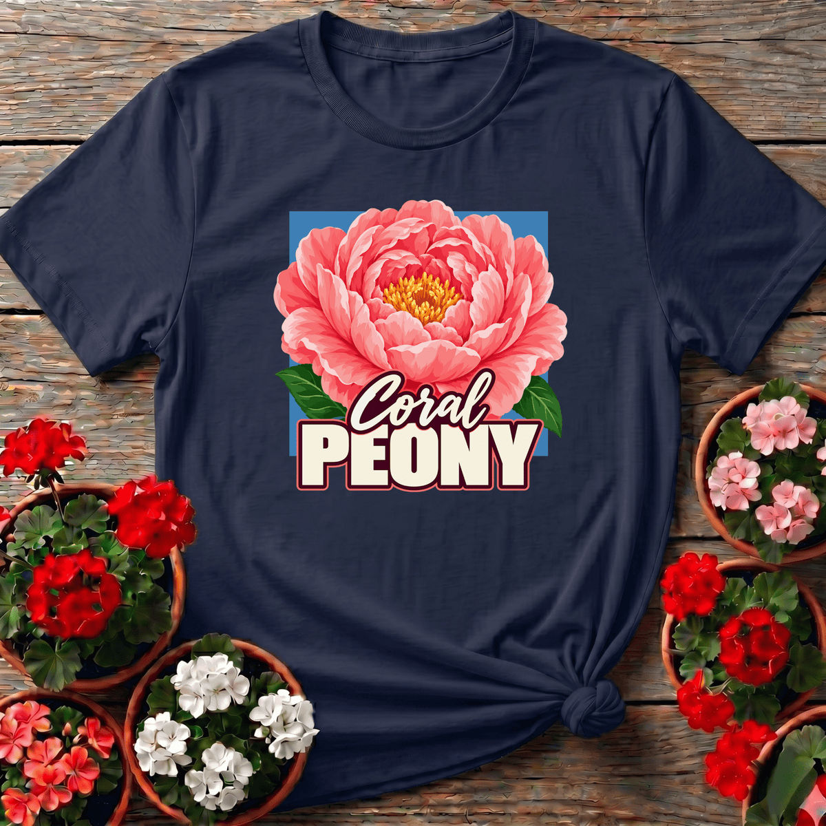 Navy retro floral gardening top with bold coral peony bloom for flower lovers