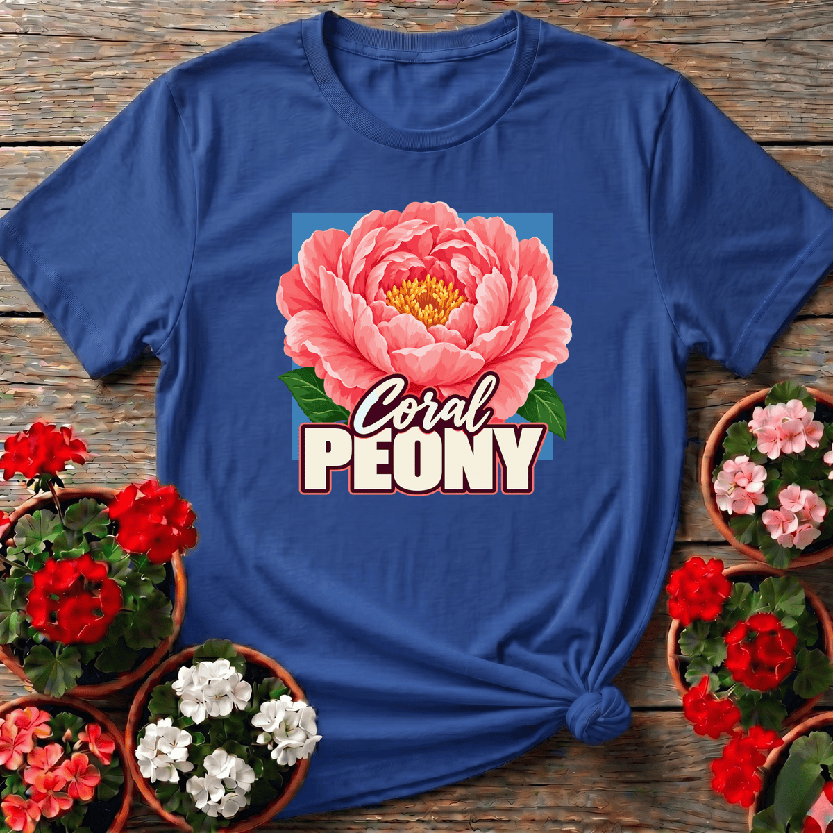 Royal bold floral gardening tee with layered coral peony design for plant enthusiasts
