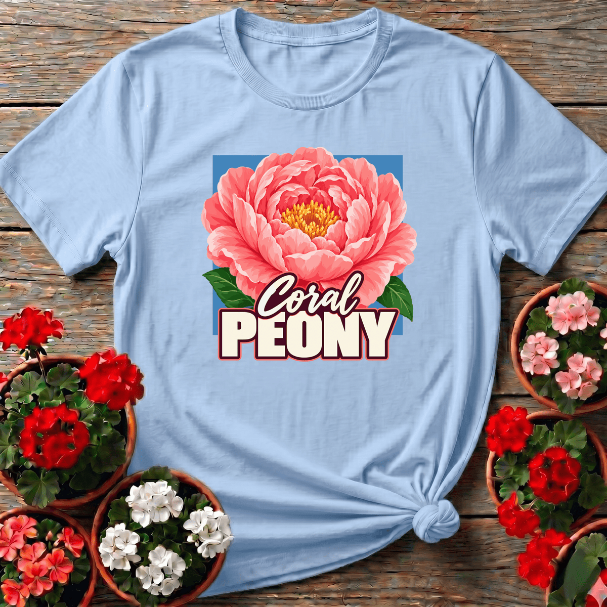 Light Blue soft botanical floral t-shirt with coral peony bloom for cutting garden fans