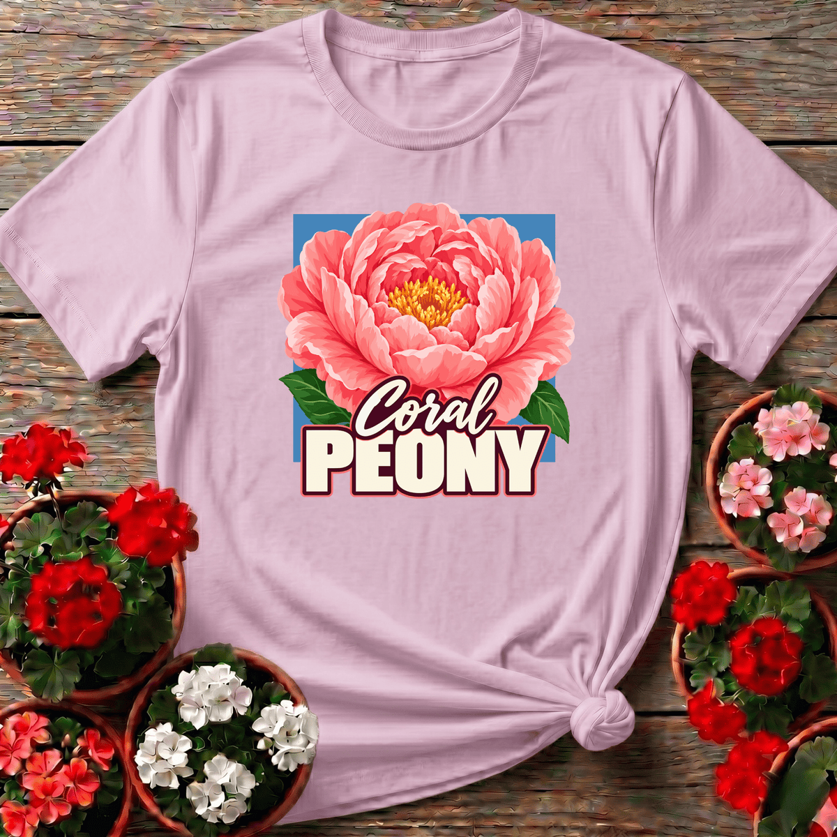 Light Pink retro floral gardening shirt with layered coral peony bloom for flower garden enthusiasts