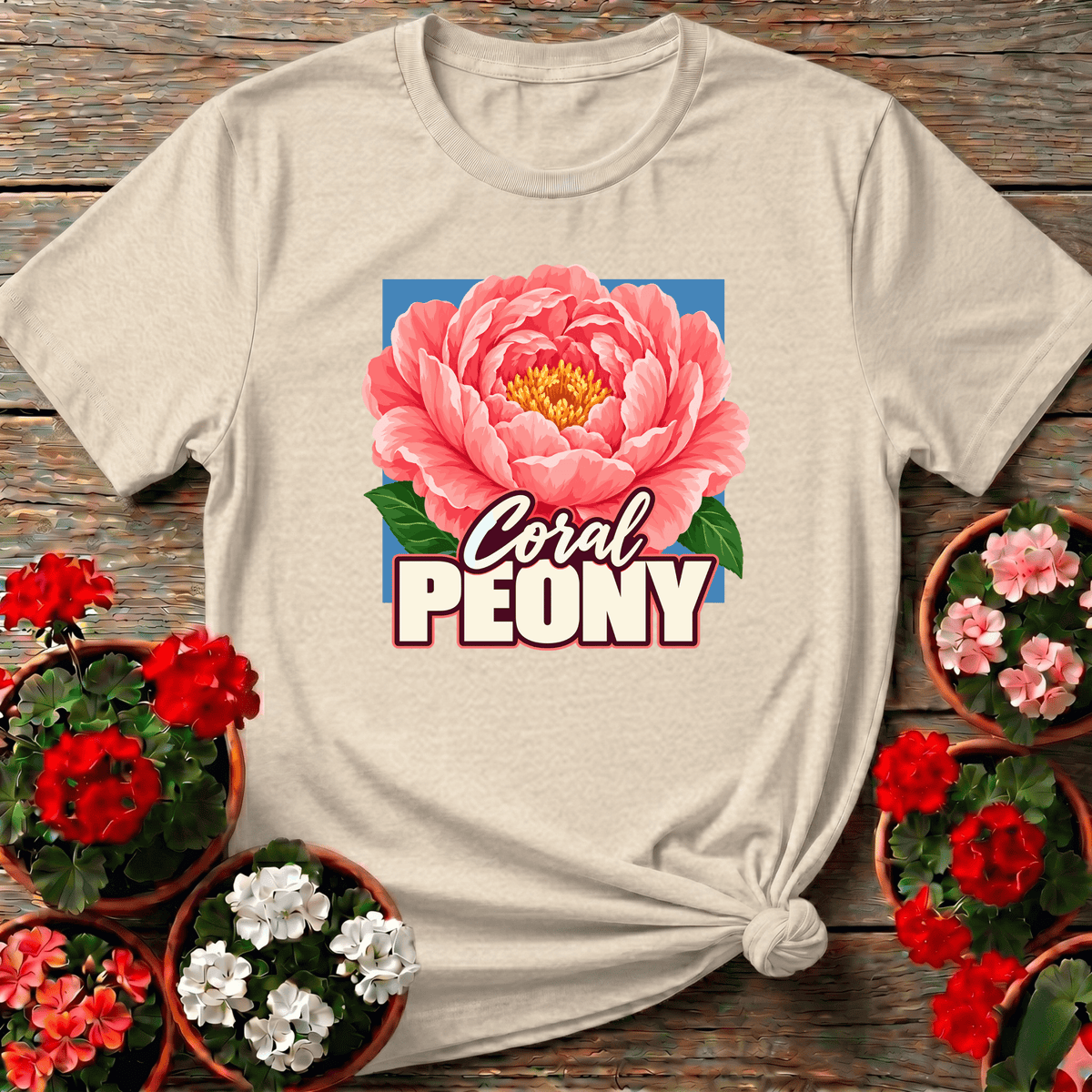 Natural cottagecore botanical gardening tee with coral peony design for patient plant lovers