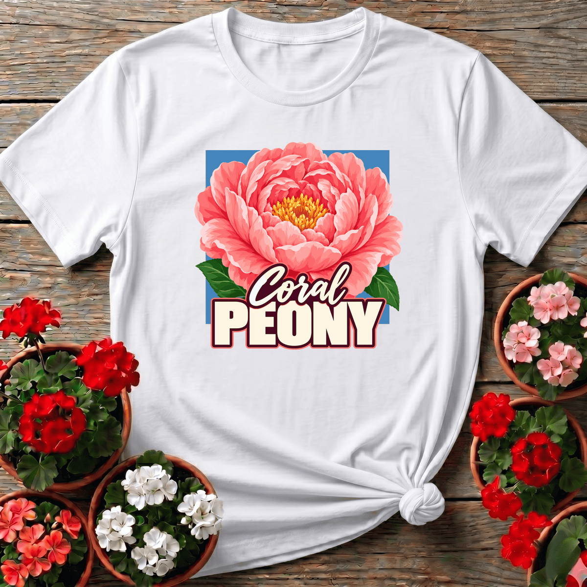 White vintage botanical gardening shirt with coral peony illustration for cutting garden growers