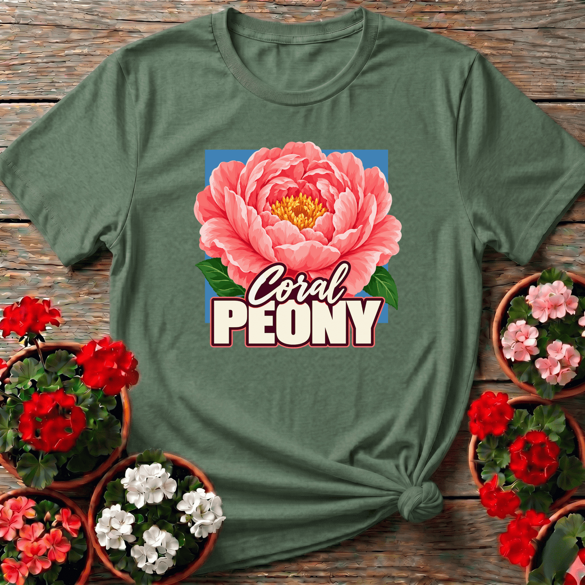 Military Green warm floral gardening apparel with coral peony illustration for flower growers