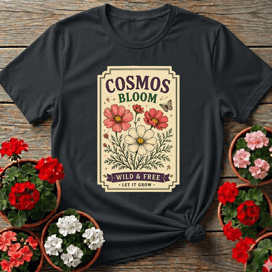 Black vintage seed packet cosmos bloom gardening tee with "Wild and Free Let It Grow" for wildflower lovers