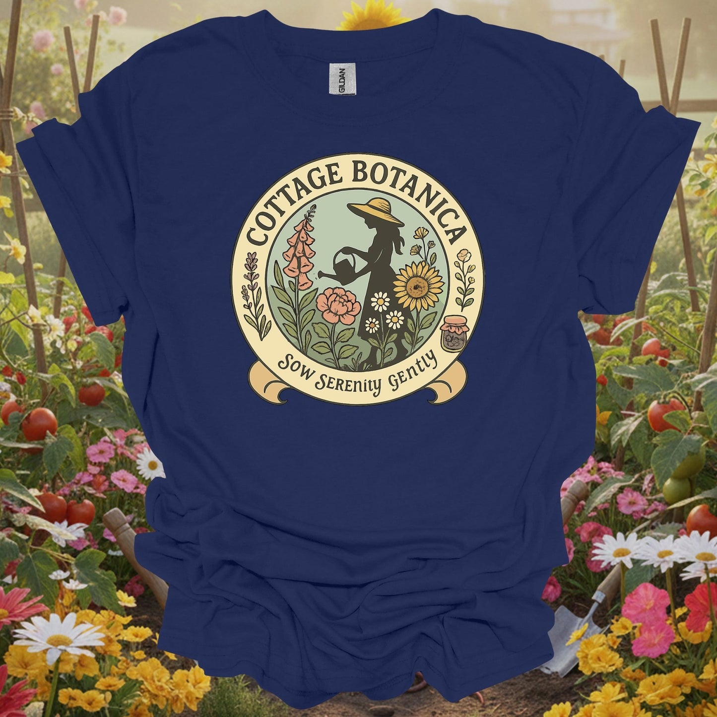 Navy tshirt showing cottage botanica sow serenity gently gardening for gardening enthusiasts