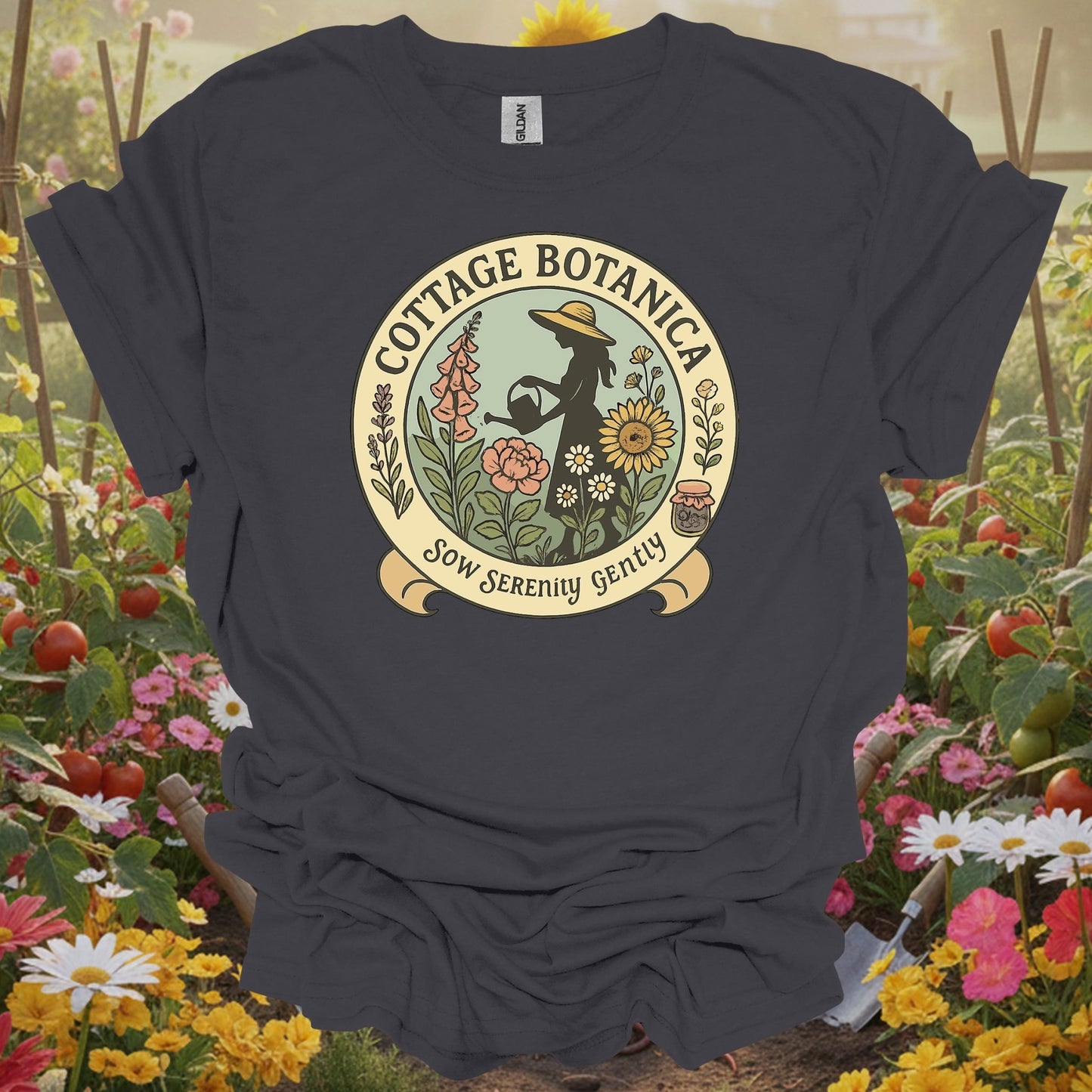 Charcoal tee showing cottage botanica sow serenity gently gardening for plant lovers