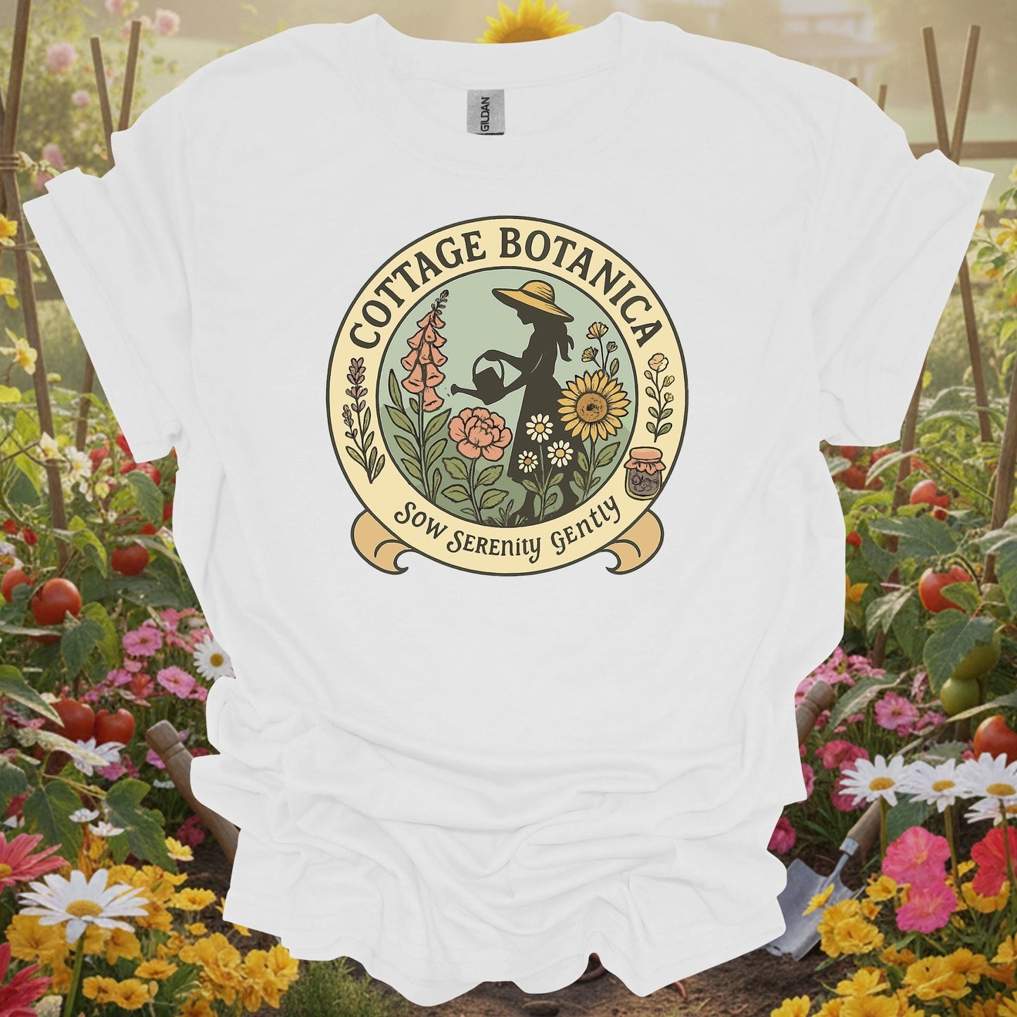 White tee showing cottage botanica sow serenity gently gardening for garden hobbyists