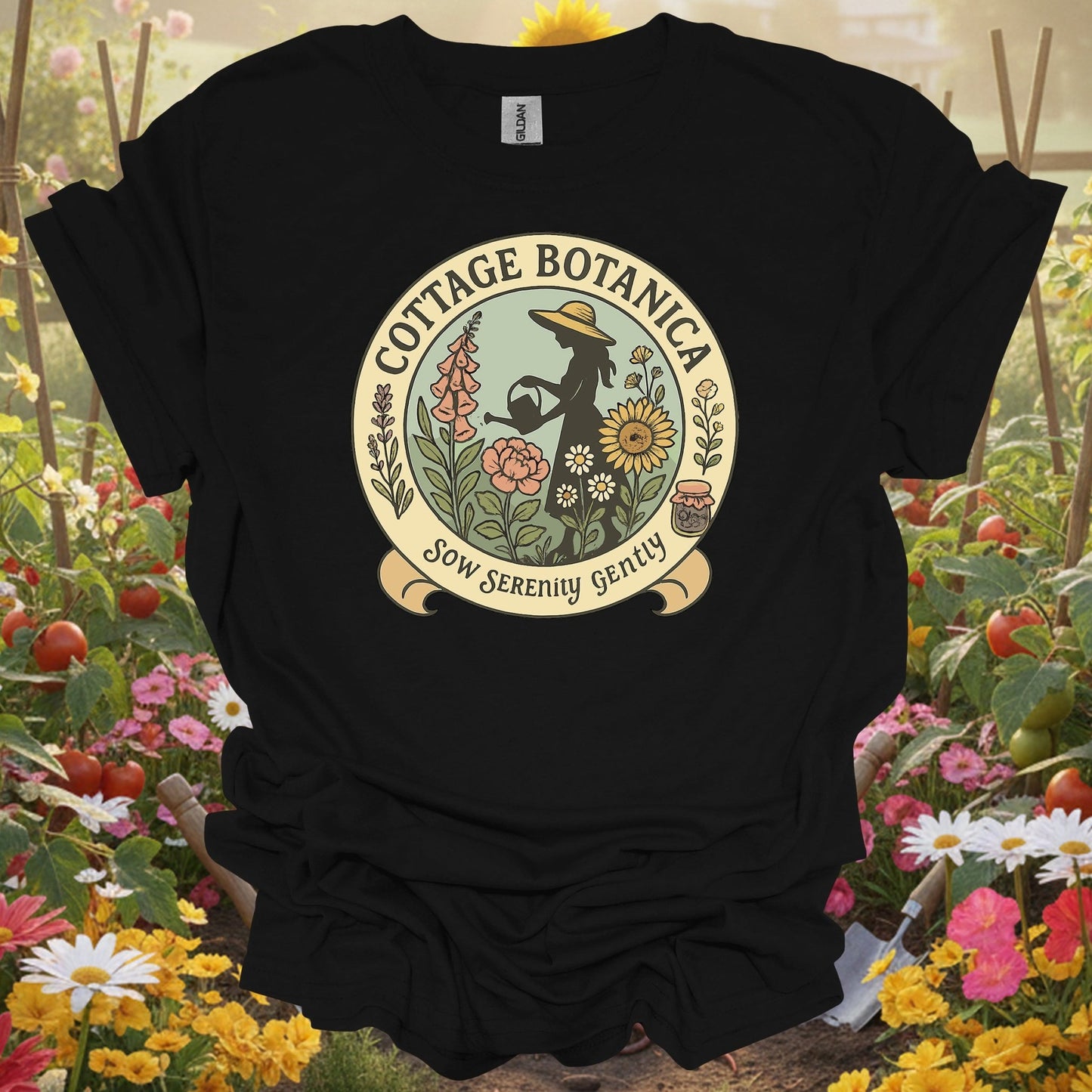 Black shirt showing cottage botanica sow serenity gently gardening for outdoor enthusiasts