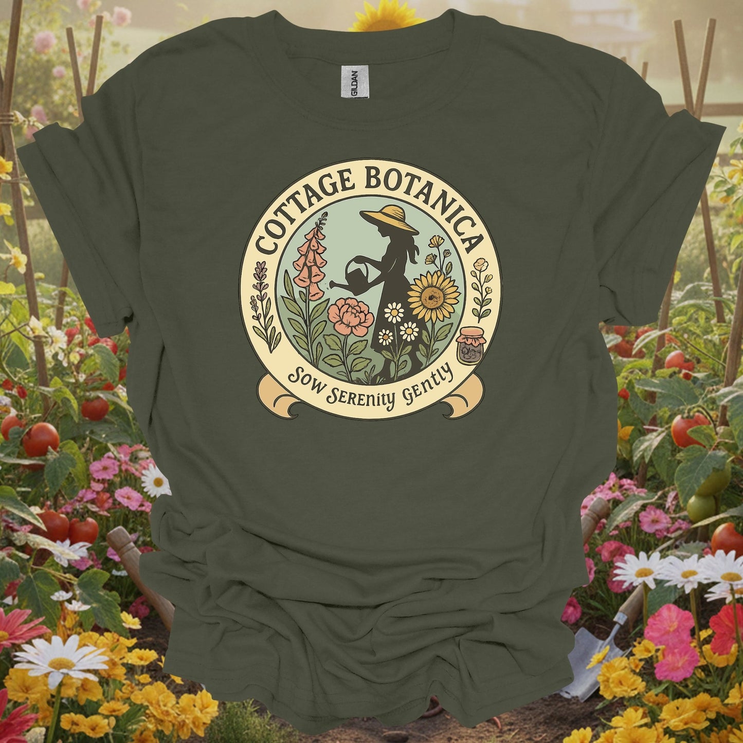 Military Green top showing cottage botanica sow serenity gently gardening for nature lovers