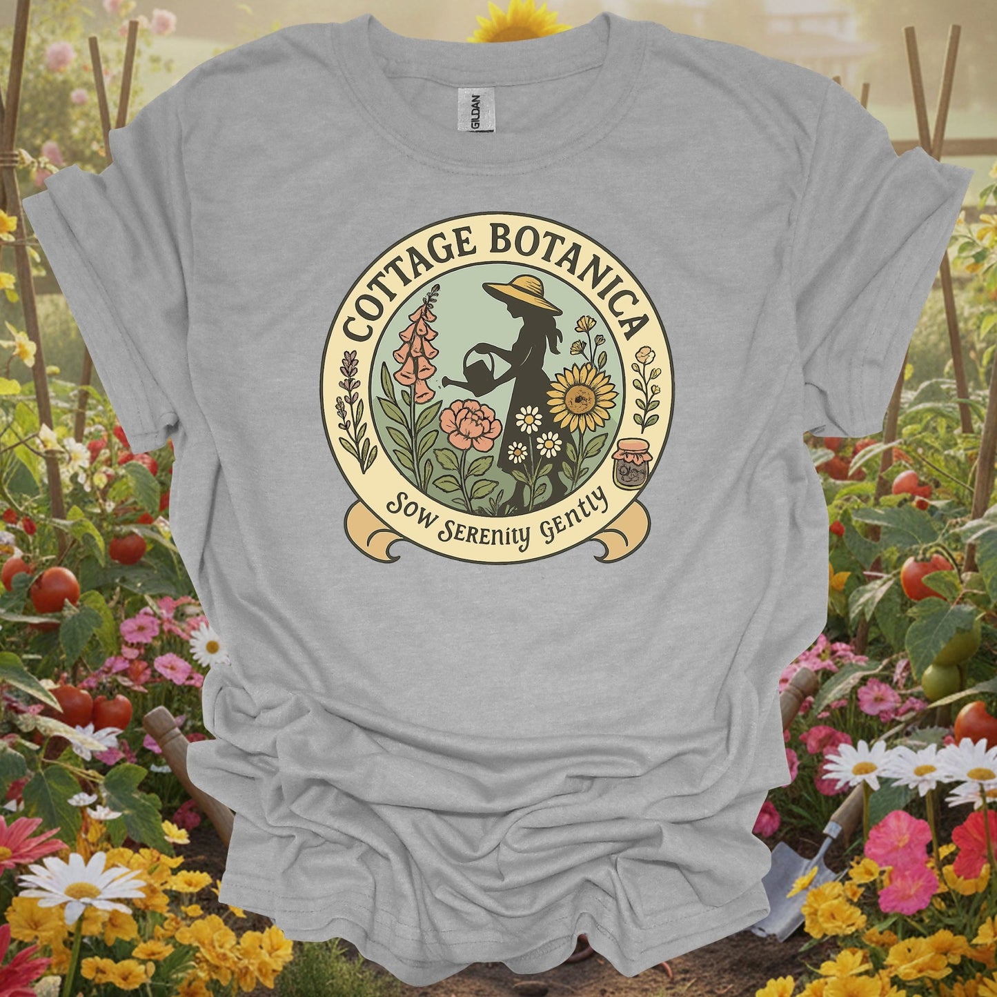 Sport Grey tshirt showing cottage botanica sow serenity gently gardening for backyard growers