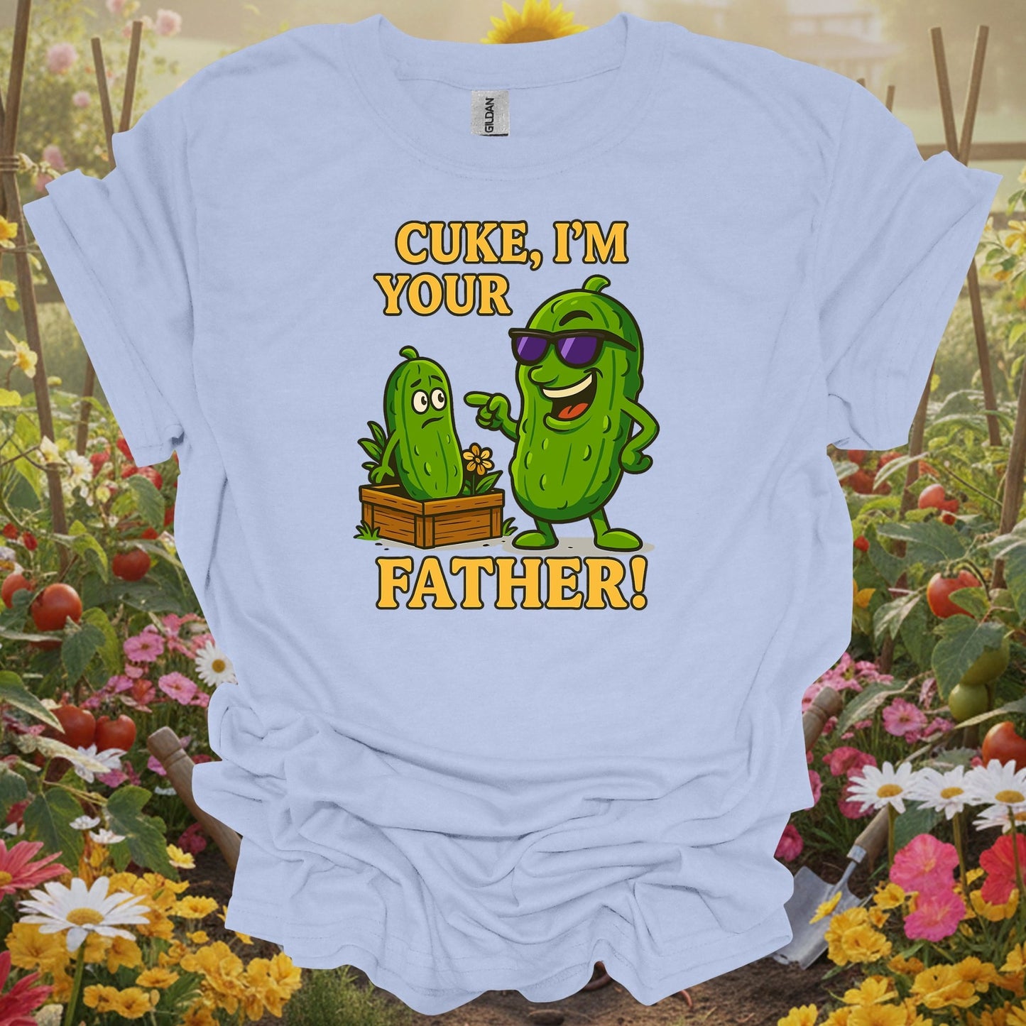 Light Blue shirt showing cuke im your father funny cucumber pun for home gardeners