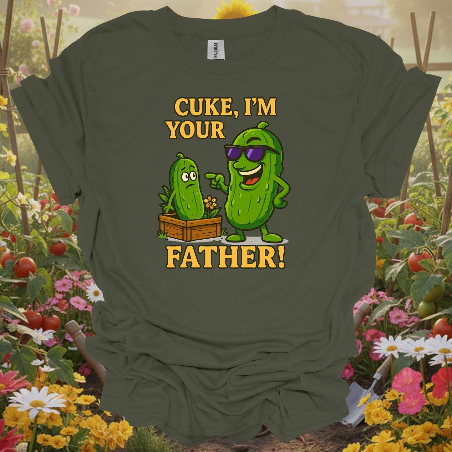 Military Green top showing cuke im your father funny cucumber pun for nature lovers