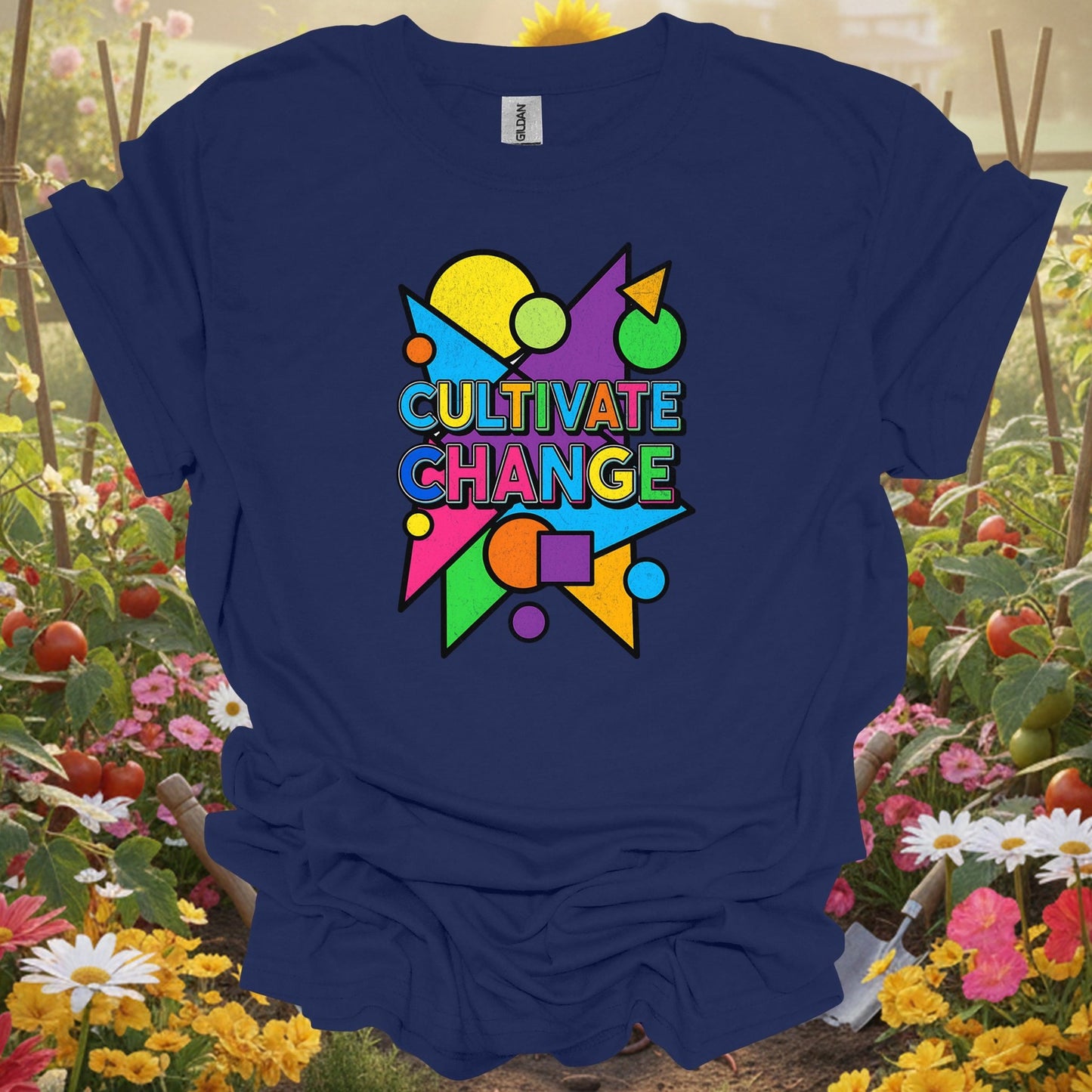 Navy top showing cultivate change bold motivational slogan for green thumb folks