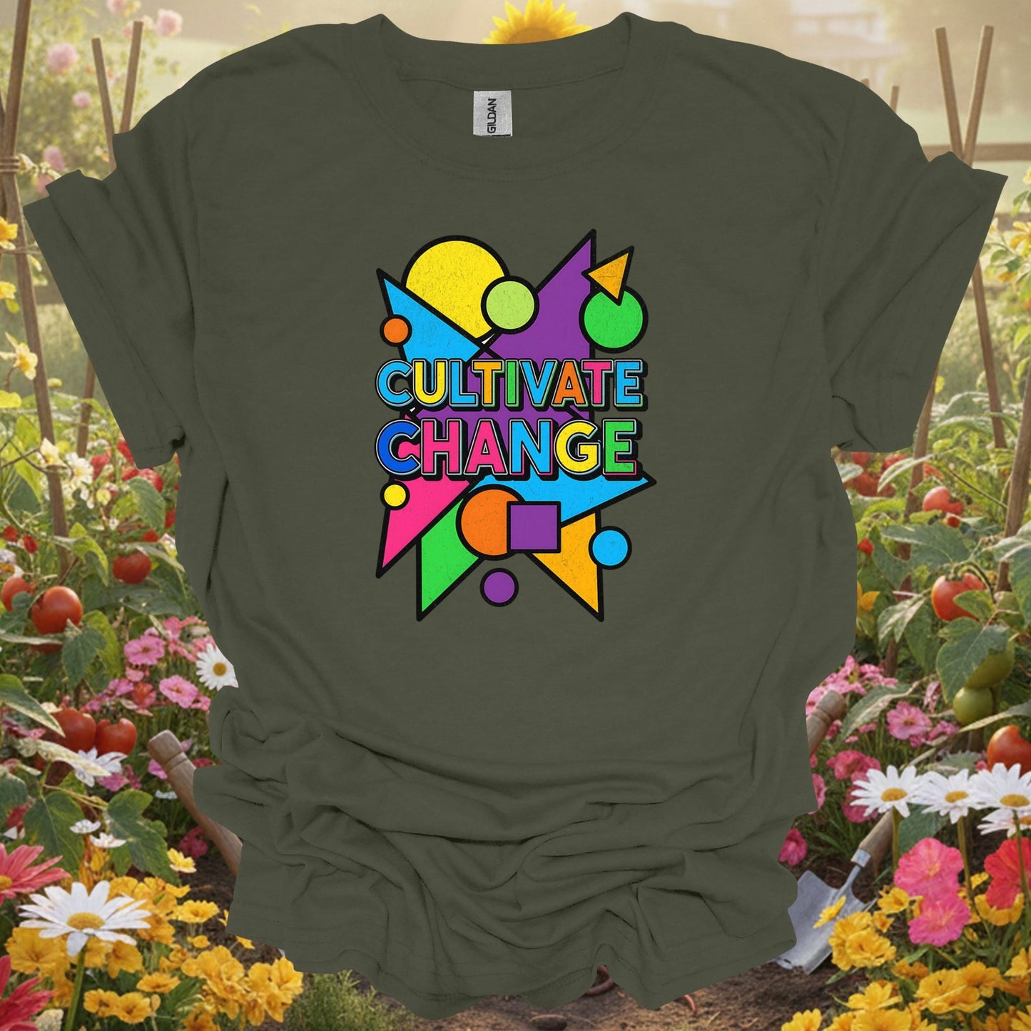 Military Green top showing cultivate change bold motivational slogan for nature lovers