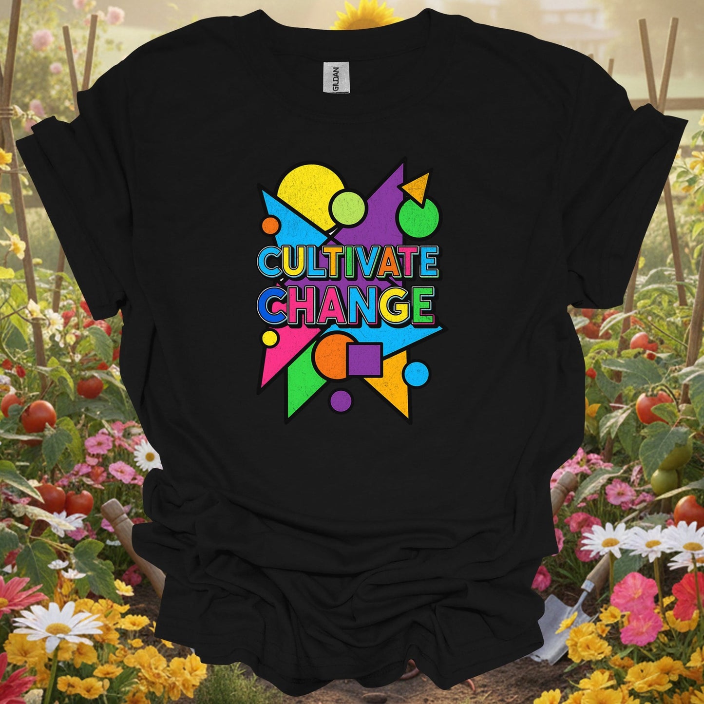 Black shirt showing cultivate change bold motivational slogan for outdoor enthusiasts