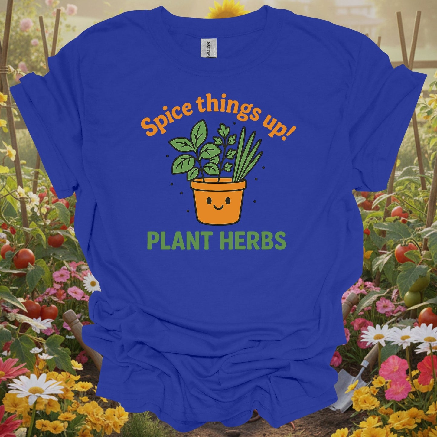 Royal top showing kawaii cute herb garden spice things up graphic for sweet-natured gardeners