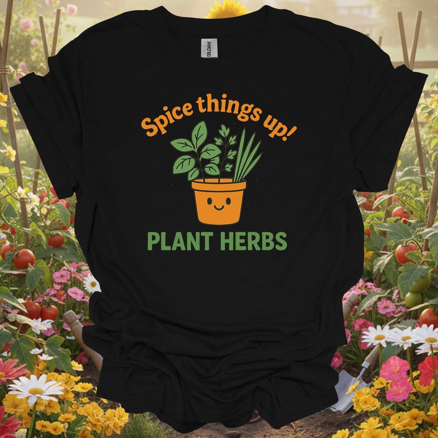 Black shirt showing kawaii cute herb garden spice things up graphic for cheerful growers