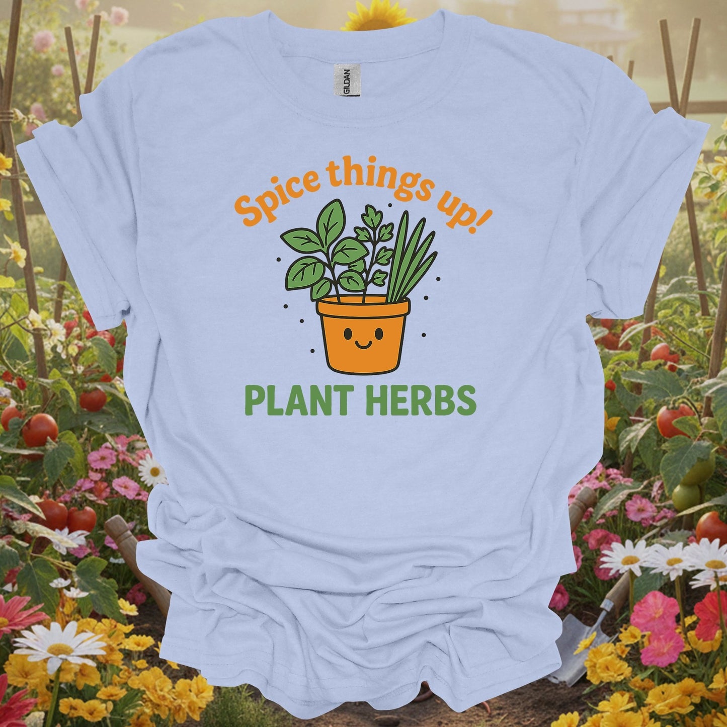 Light Blue tshirt showing kawaii cute herb garden spice things up graphic for kawaii fans