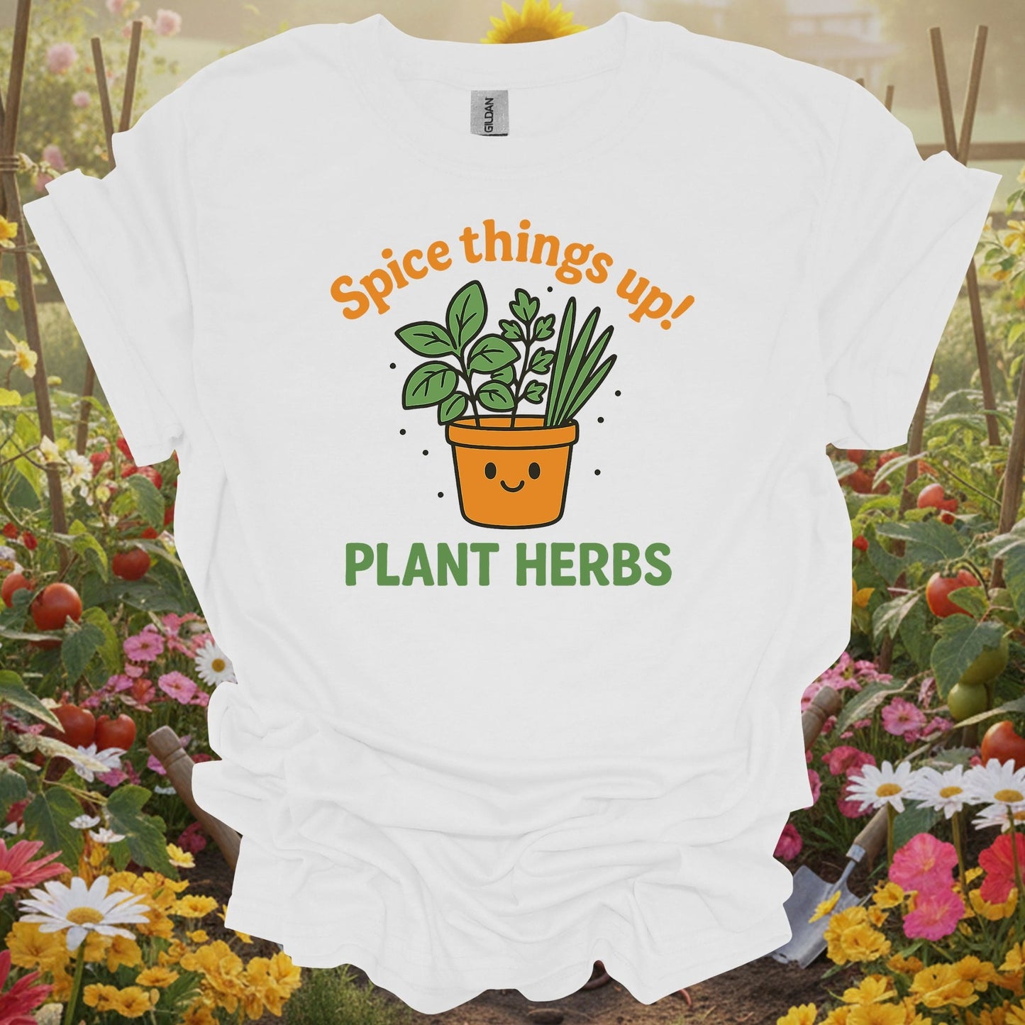 White tee showing kawaii cute herb garden spice things up graphic for wholesome plant parents