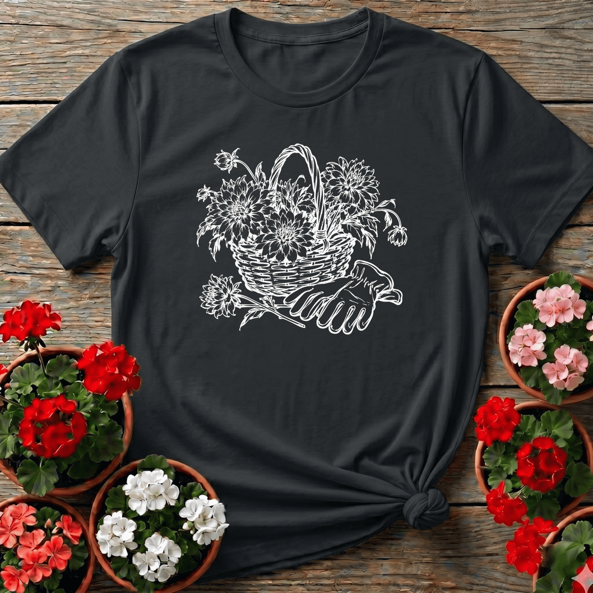 Black vintage botanical line art gardening tee with dahlia harvest basket and garden gloves for flower gardeners