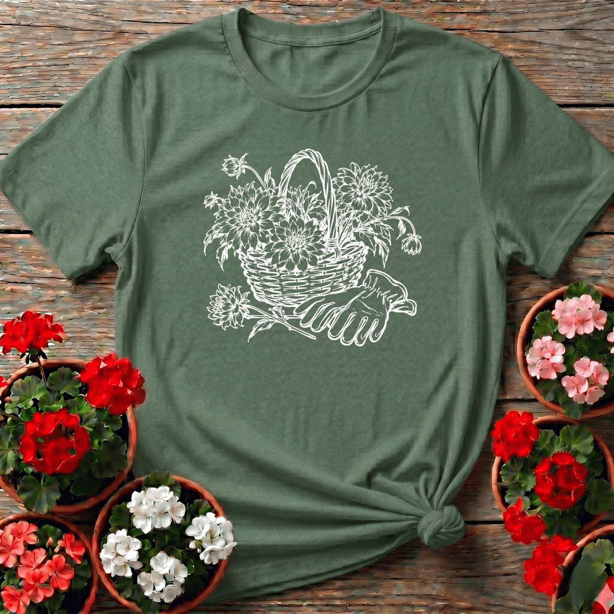 Military Green grounded botanical line art dahlia harvest tee with wicker basket and garden gloves illustration