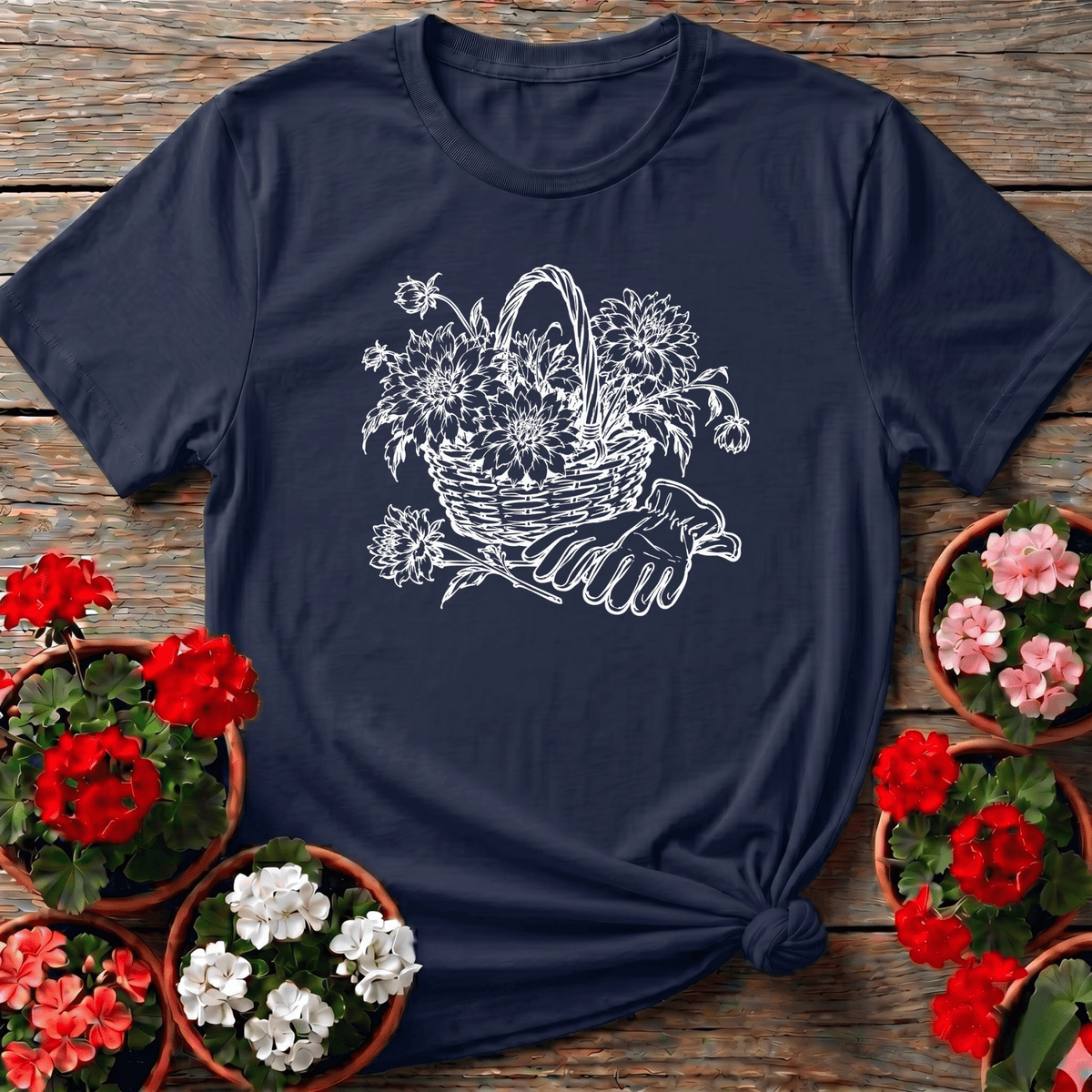 Navy elegant line art floral gardening tee featuring a dahlia harvest basket for flower cutting garden lovers