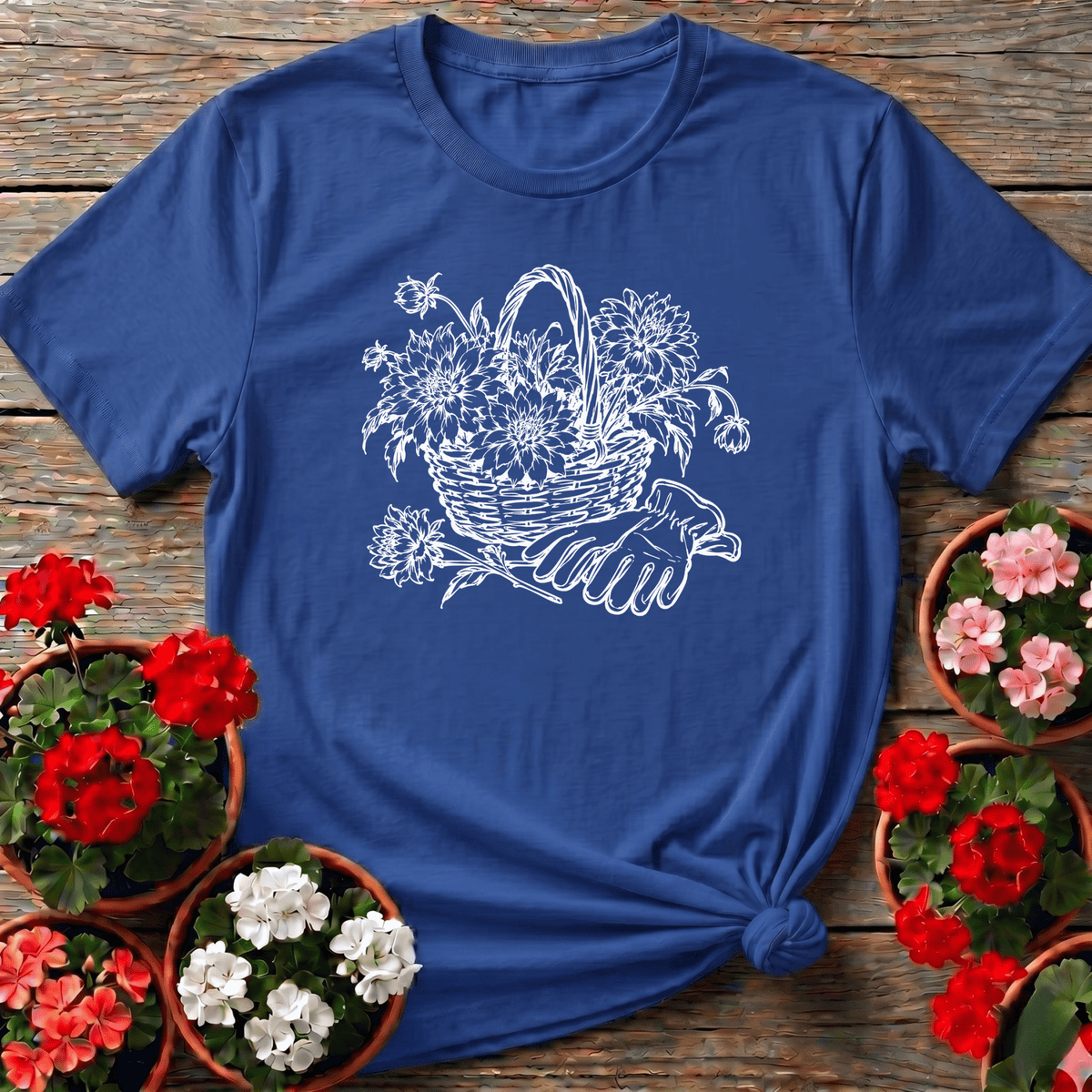 Royal fine-art sketchbook style dahlia basket gardening shirt with garden gloves for the flower obsessive