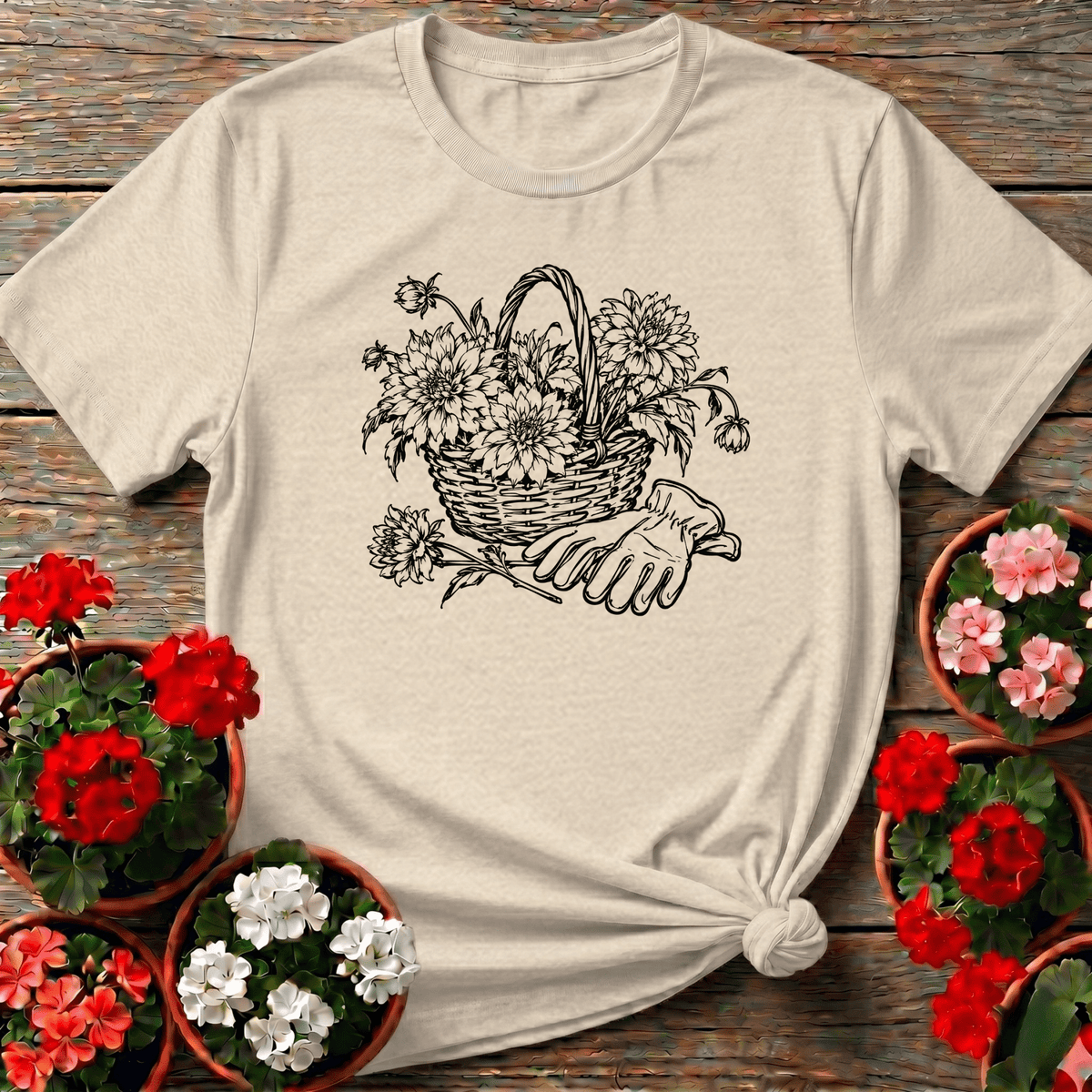 Natural timeless sketchbook-style floral basket gardening shirt with dahlia blooms and gloved hand for flower growers