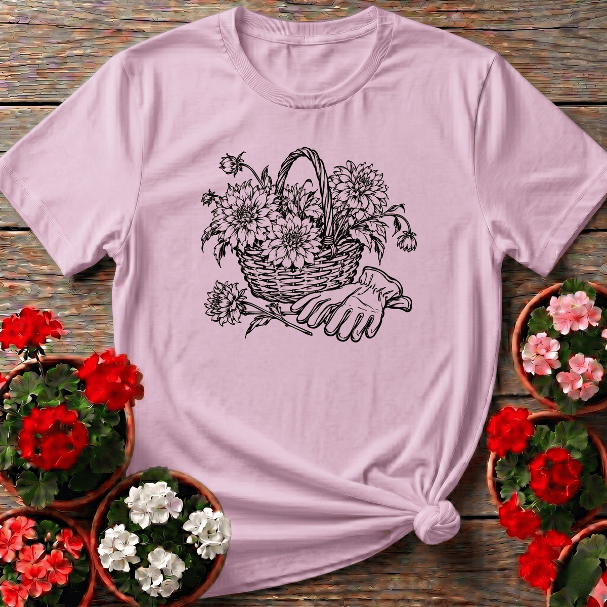 Light Pink delicate vintage line art dahlia harvest basket gardening top with garden gloves for cottagecore flower lovers