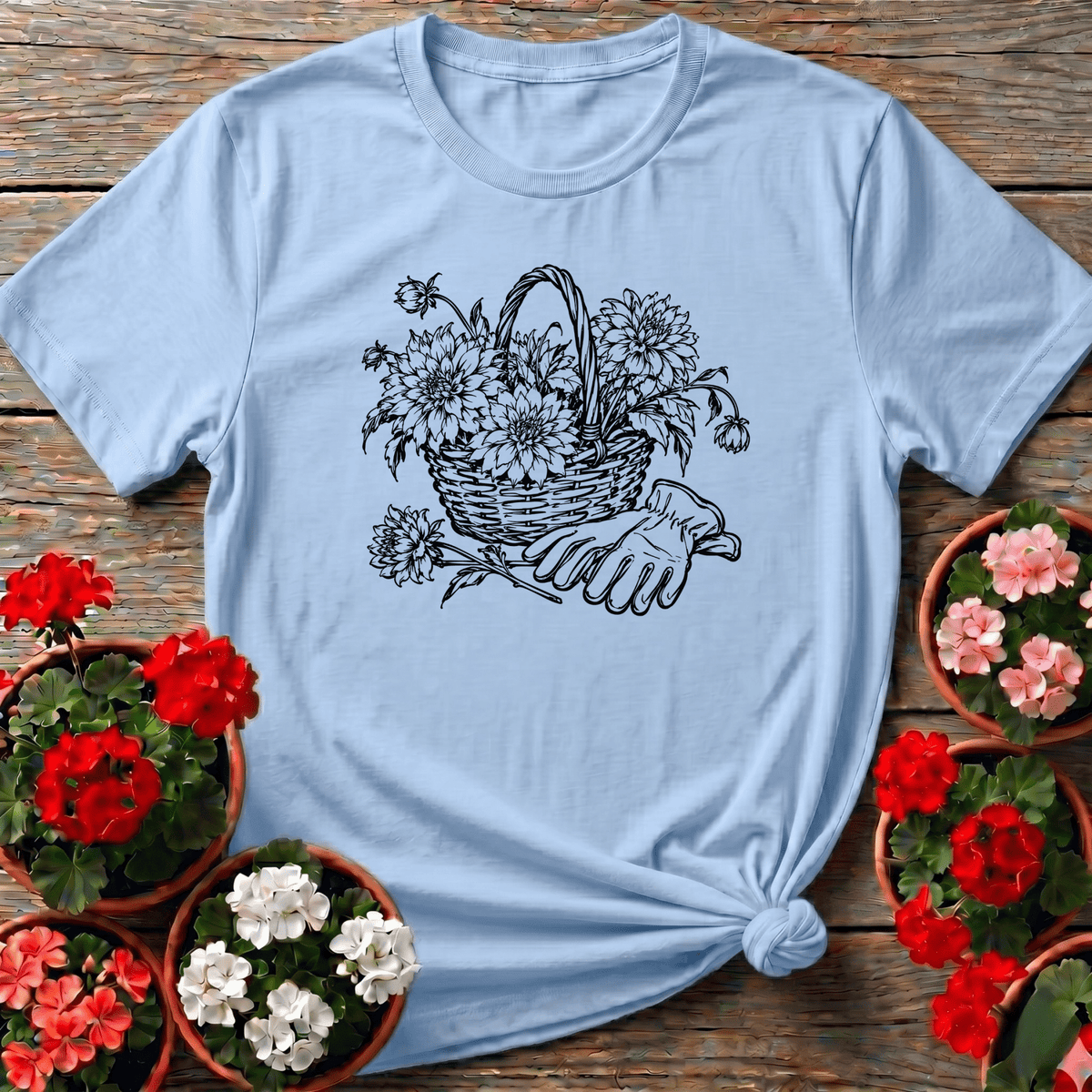 Light Blue cottagecore dahlia basket line art gardening shirt for gardeners who cut flowers for the kitchen table