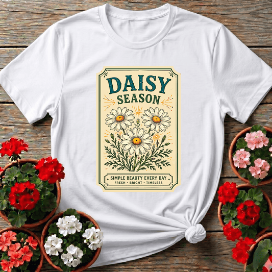 White retro botanical daisy shirt with "Daisy Season Simple Beauty Every Day" for cottagecore gardeners