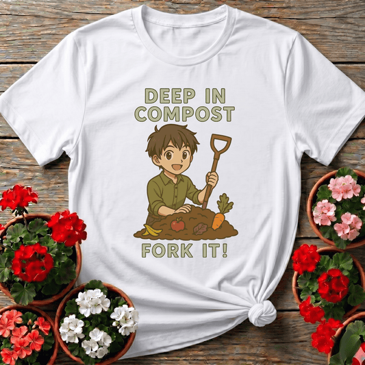 White anime-style earthy gardening shirt "Deep In Compost Fork It" for organic growers