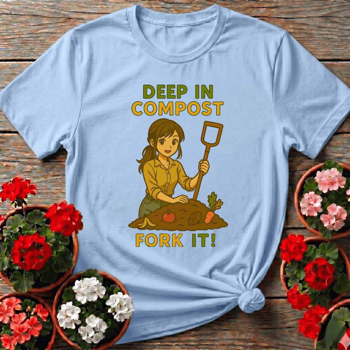 Light Blue cheerful kawaii gardening tee "Deep In Compost Fork It" for gardeners who love puns