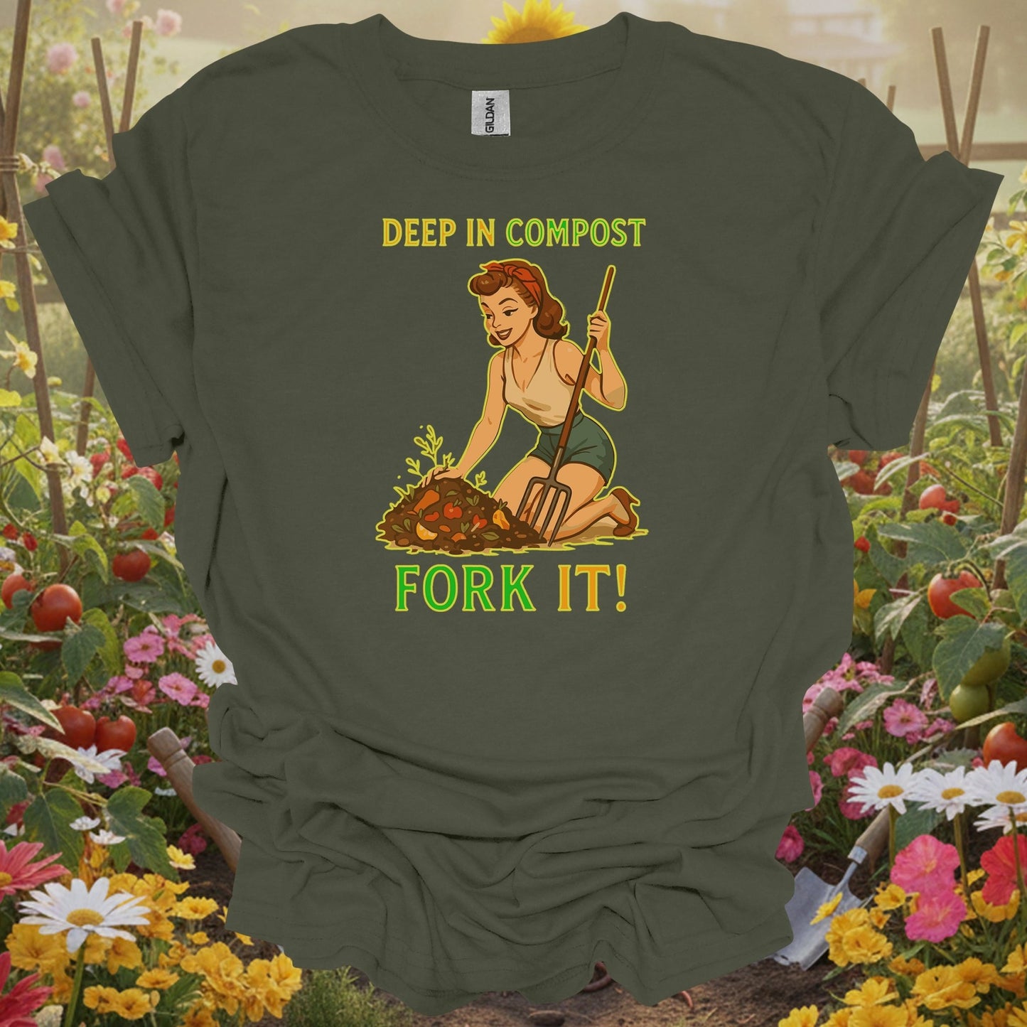 Military Green gardening tee with a balanced layout of a vintage style gardener for mindful gardeners who love soil.
