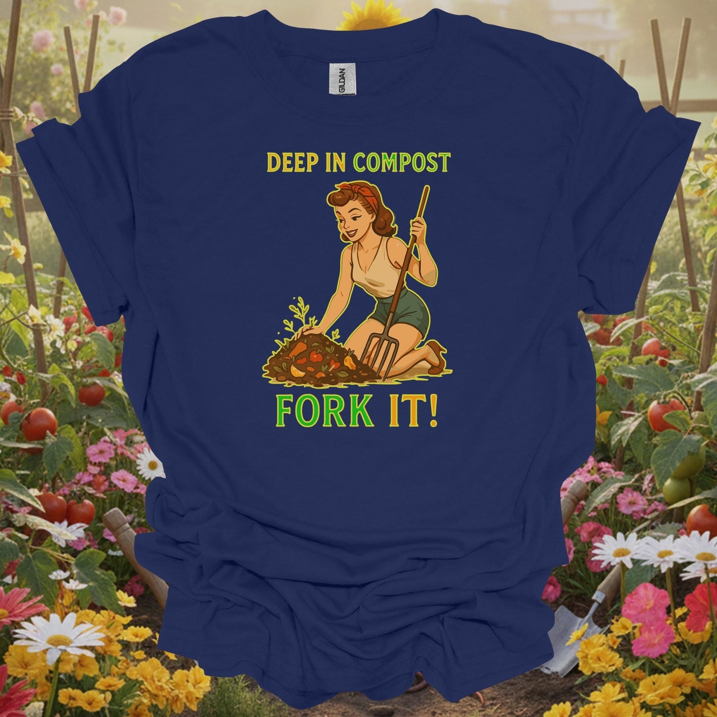 Navy shirt capturing nostalgic garden warmth with a charming retro pinup gardening graphic for mindful gardeners.