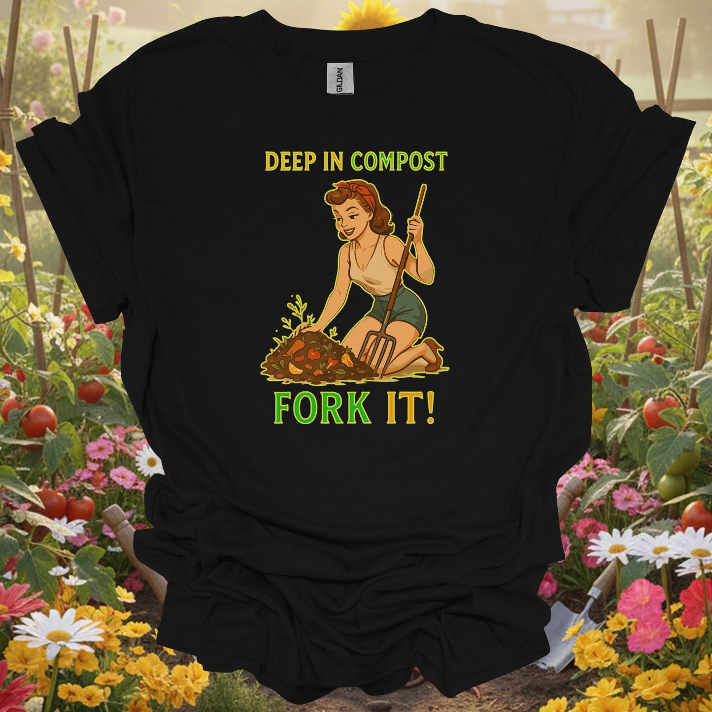 Black shirt featuring a detailed intentional cultivation theme with a Fork It compost pun for eco-conscious growers.