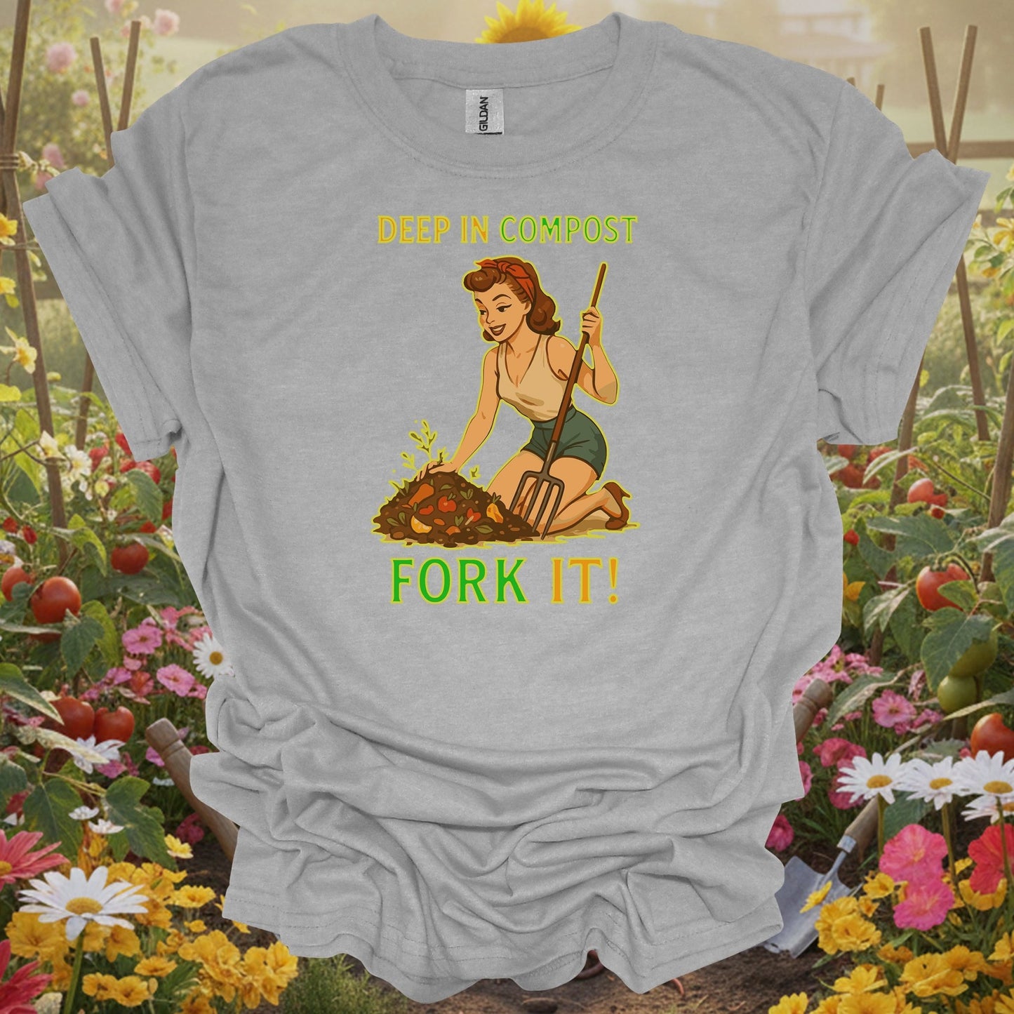 Sport Gray top showcasing retro-inspired storybook charm with a steaming compost pile for compost enthusiasts.