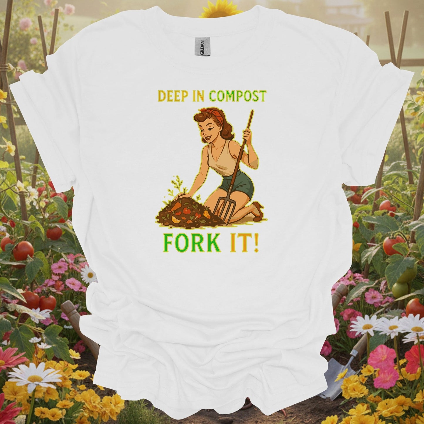 White tee with a playful narrative layout of a charming retro pinup gardener for hobby farmers who love honest humor.
