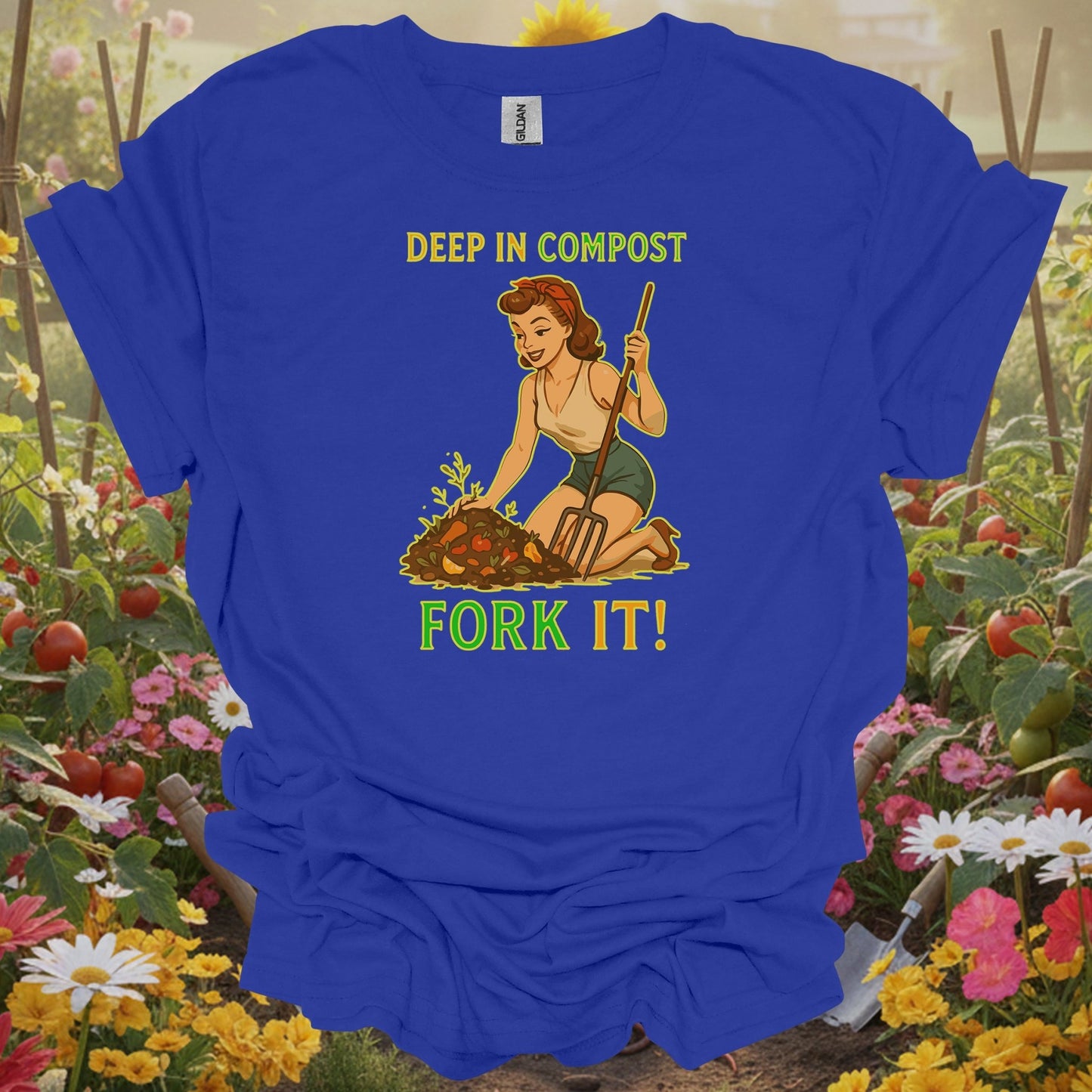 Royal T-shirt with sophisticated hand-drawn art of a gardener turning soil and a funny pun for cottage garden enthusiasts.