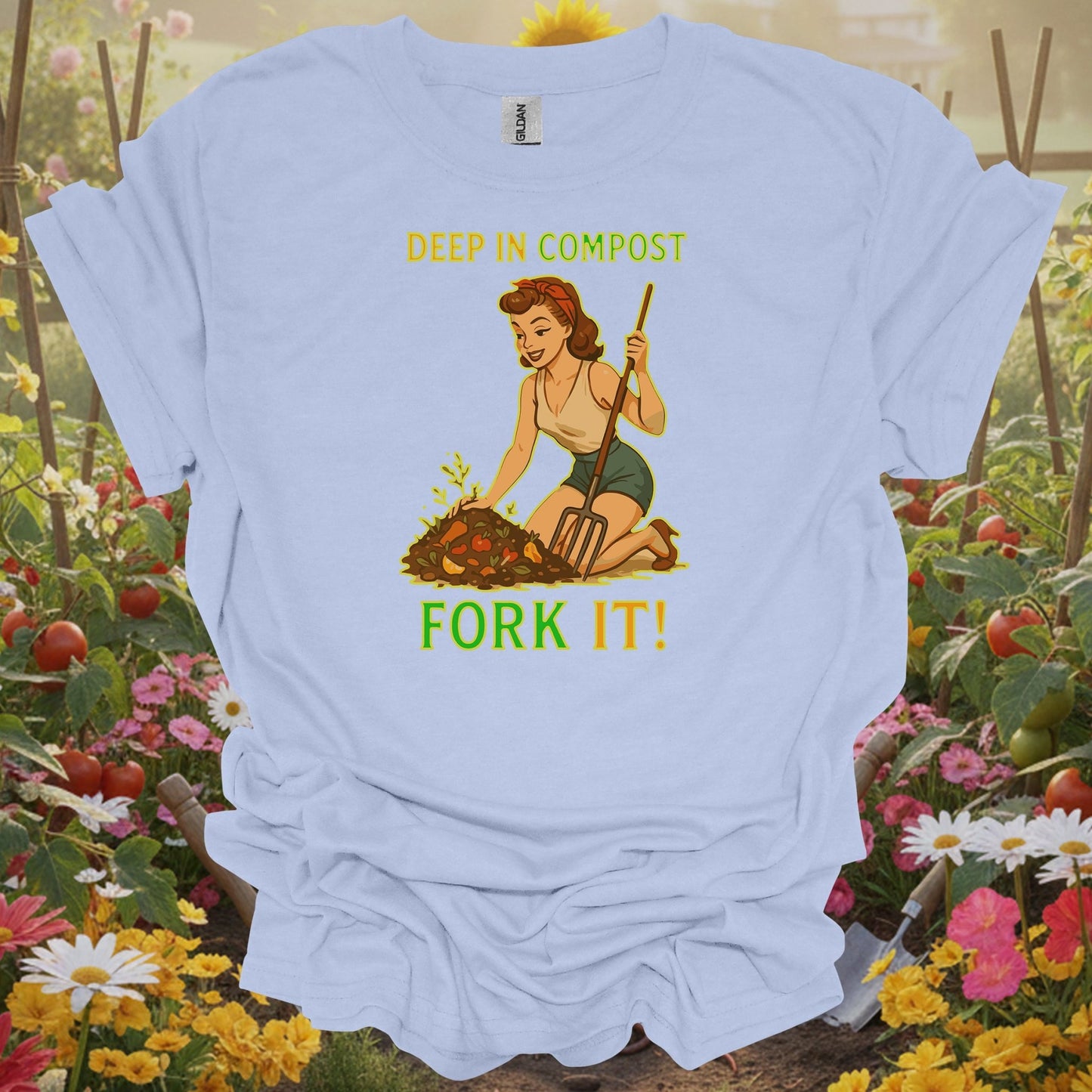 Light Blue tee with a vibrant storybook illustration of a gardener girl and her compost pile for eco-conscious growers.