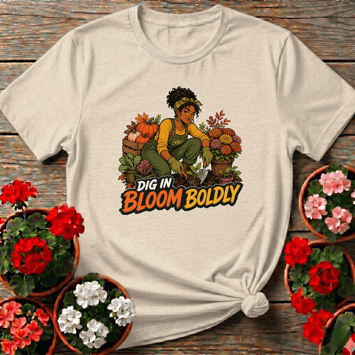 Natural cottagecore autumn illustration gardening tee "Dig In Bloom Boldly" for women gardeners