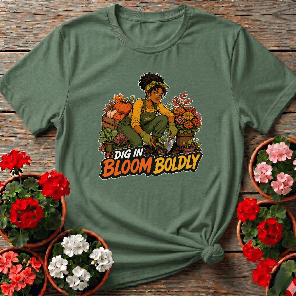 Military Green harvest season garden shirt "Dig In Bloom Boldly" for Black woman gardener