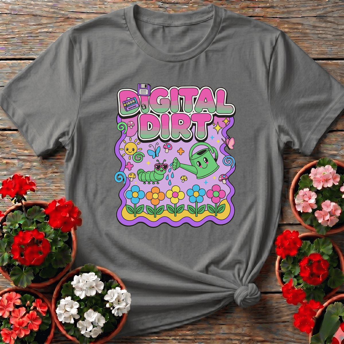 Sport Gray retro y2k kawaii gardening tee with Digital Dirt pastel design and heart-sunglasses caterpillar