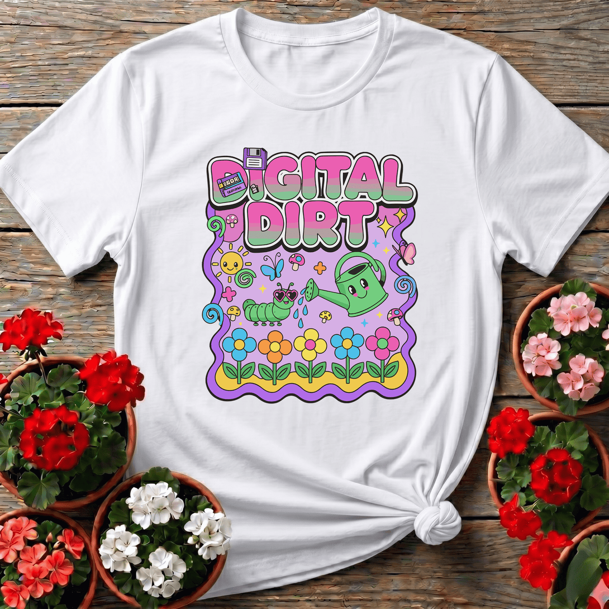 White y2k-inspired kawaii gardening shirt with Digital Dirt pastel lettering and whimsical garden scene for plant lovers