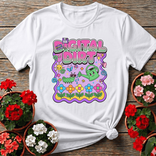 White y2k-inspired kawaii gardening shirt with Digital Dirt pastel lettering and whimsical garden scene for plant lovers