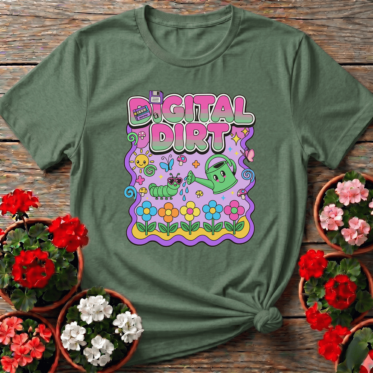 Military Green retro kawaii gardening tee with Digital Dirt pastel scene of flowers, butterflies, and sparkle stars