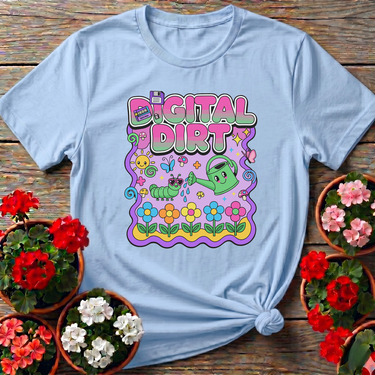 Light Blue whimsical kawaii gardening shirt with Digital Dirt bubbly text and smiling watering can for plant lovers